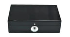 The Tempus 8 Watch Box in Black Piano Finish by Tempus Luxury Watch Winders features a biometric lock and is ideal for luxury watch storage, shown against a white background.