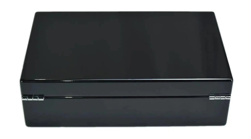 The Tempus 8 Watch Box in Black Piano Finish by Tempus Luxury Watch Winders features a hinged lid and biometric lock, shown closed against a white background.