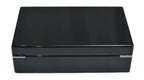 The Tempus 8 Watch Box in Black Piano Finish by Tempus Luxury Watch Winders features a hinged lid and biometric lock, shown closed against a white background.
