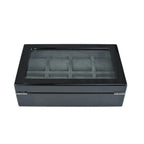The Tempus 8 Watch Box in Black Piano Finish by Tempus Luxury Watch Winders features a biometric lock, glass lid, and multiple padded sections for secure, elegant watch storage. Photographed against a white background.