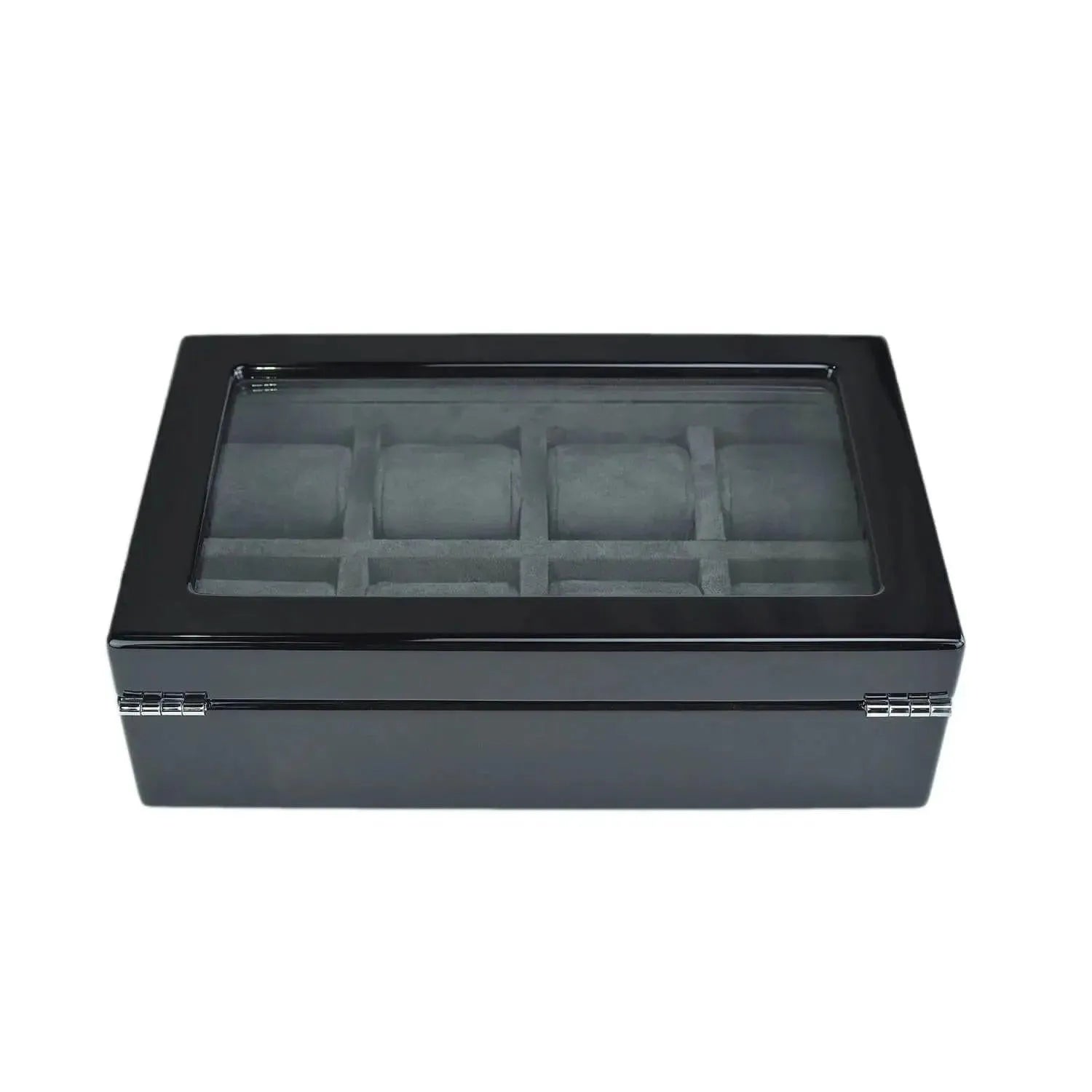 The Tempus 8 Watch Box in Black Piano Finish by Tempus Luxury Watch Winders features a biometric lock, glass lid, and multiple padded sections for secure, elegant watch storage. Photographed against a white background.