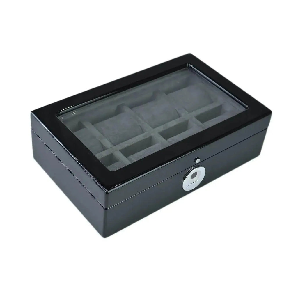 The Tempus Luxury Watch Winders Tempus 8 Watch Box in Black Piano Finish features a glass lid, multiple compartments for watches, and a sleek biometric lock on the front.