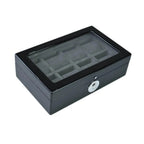 The Tempus Luxury Watch Winders Tempus 8 Watch Box in Black Piano Finish features a glass lid, multiple compartments for watches, and a sleek biometric lock on the front.