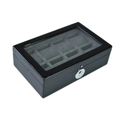 Tempus 8 Watch Box in Black Piano Finish with Bio Metric Lock Glass Lid