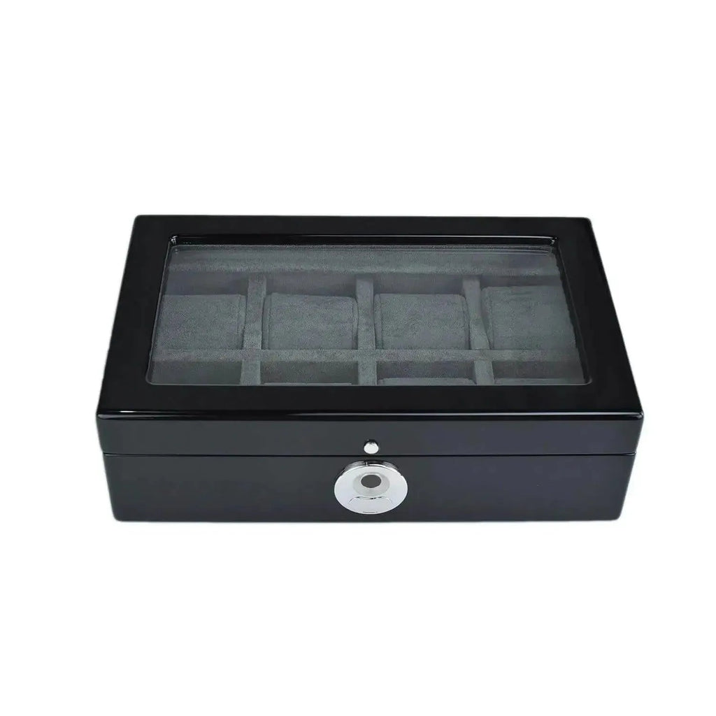 The Tempus 8 Watch Box in Black Piano Finish by Tempus Luxury Watch Winders features a glass lid, gray fabric compartments, and a secure silver biometric lock, all displayed against a white background.