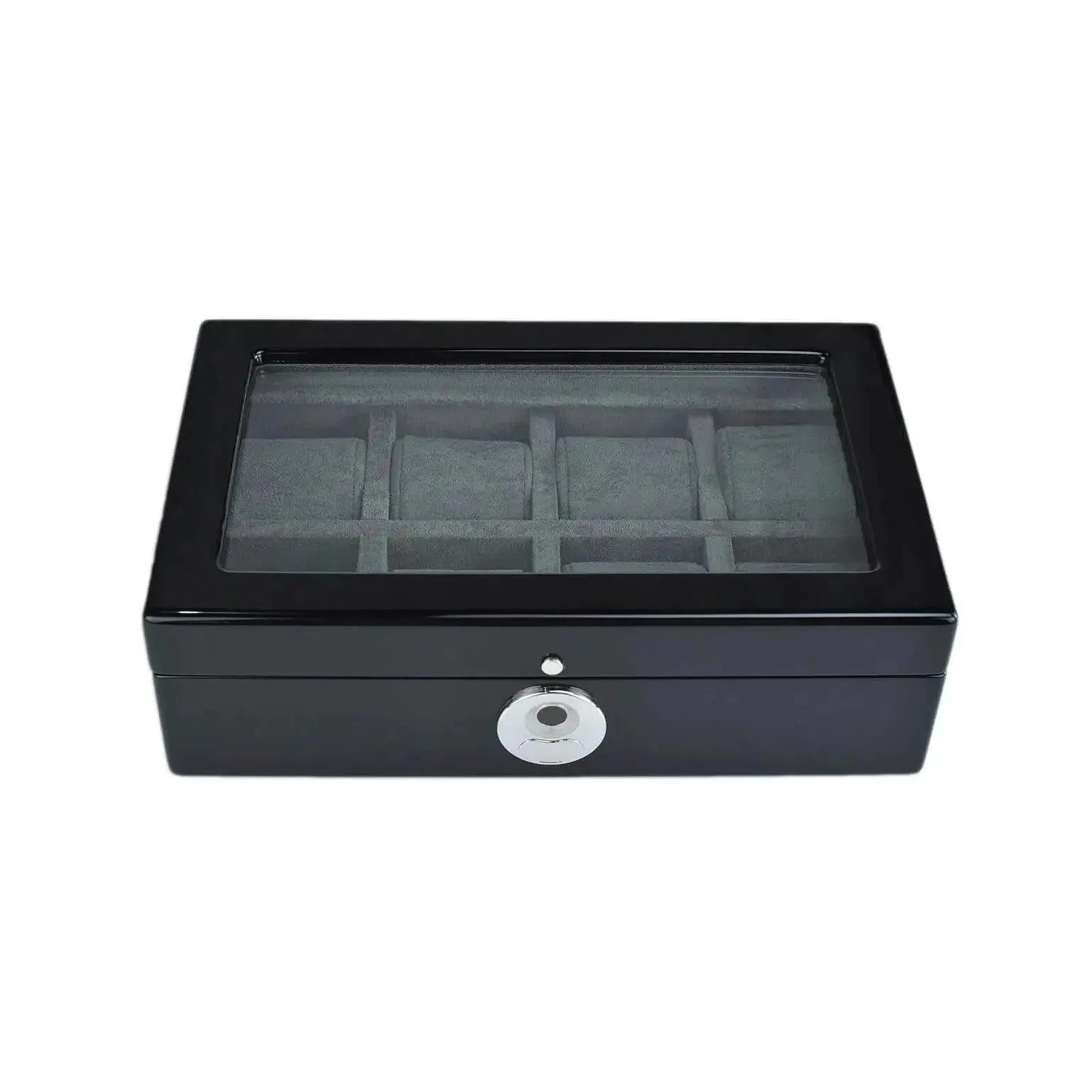 The Tempus 8 Watch Box in Black Piano Finish by Tempus Luxury Watch Winders features a glass lid, gray fabric compartments, and a secure silver biometric lock, all displayed against a white background.