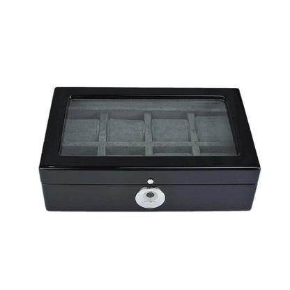 Tempus 8 Watch Box in Black Piano Finish with Bio Metric Lock Glass Lid