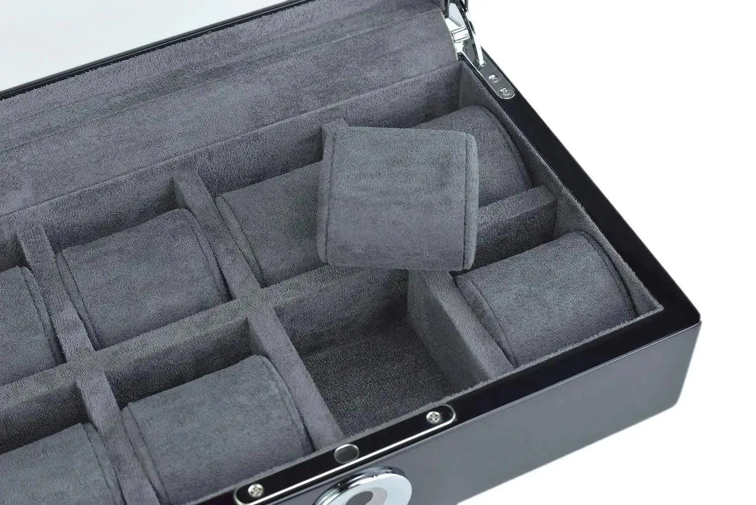 The Tempus Luxury Watch Winders Tempus 8 Watch Box in Black Piano Finish features a biometric lock, glass lid, and gray cushioned compartments—one cushion lifted to reveal organized watch storage.