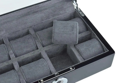 Tempus 8 Watch Box in Black Piano Finish with Bio Metric Lock Glass Lid