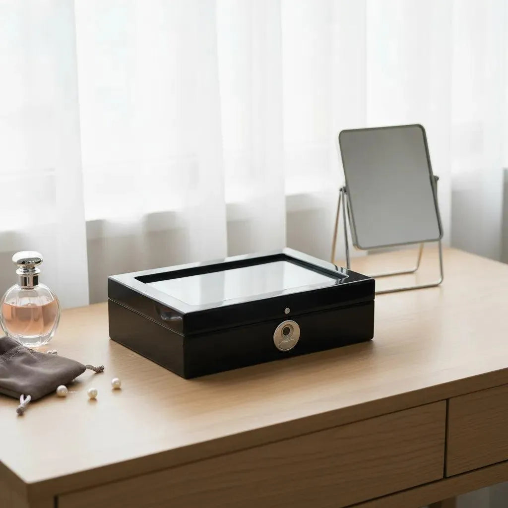 The Tempus 8 Watch Box in Black Piano Finish by Tempus Luxury Watch Winders, featuring a biometric lock and glass lid, sits on a light wood vanity beside a mirror, perfume bottle, gray cloth, pearl jewelry, and sheer curtains.