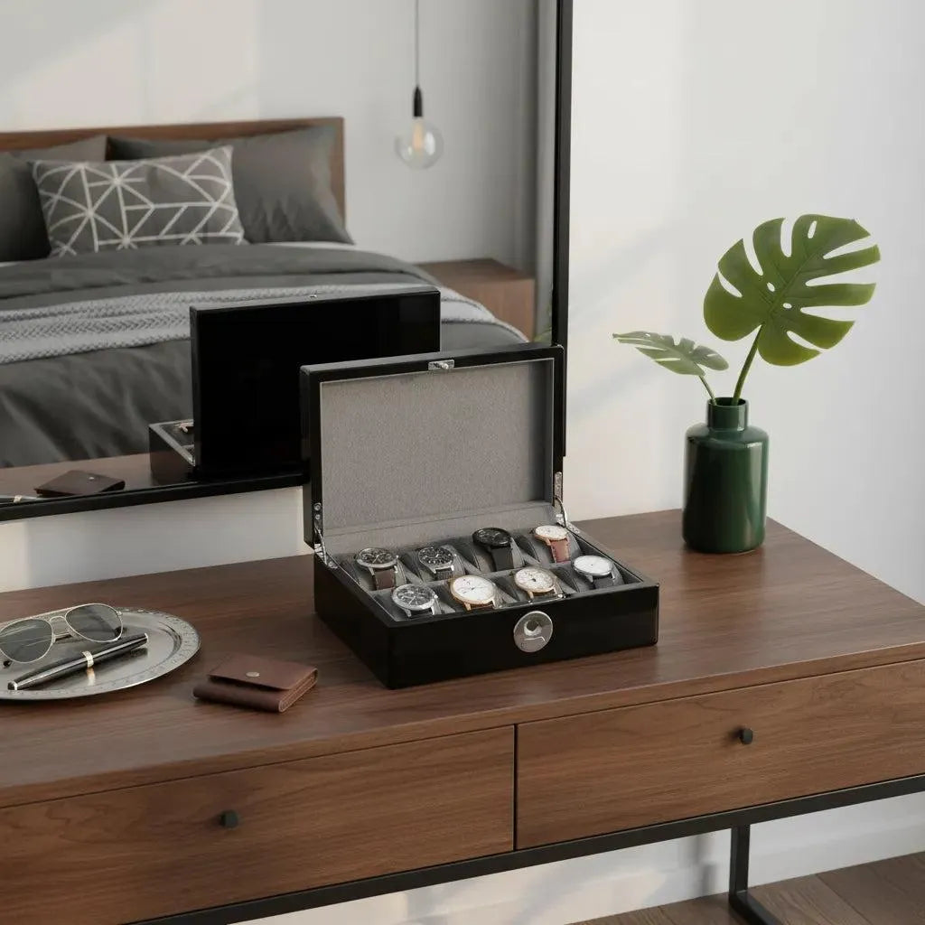 A dresser showcases the Tempus 8 Watch Box in Black Piano Finish with Bio Metric Lock by Tempus Luxury Watch Winders storing eight watches, alongside a green vase with monstera leaf, sunglasses on a tray, and a wallet. The mirror reflects the bed and decor.