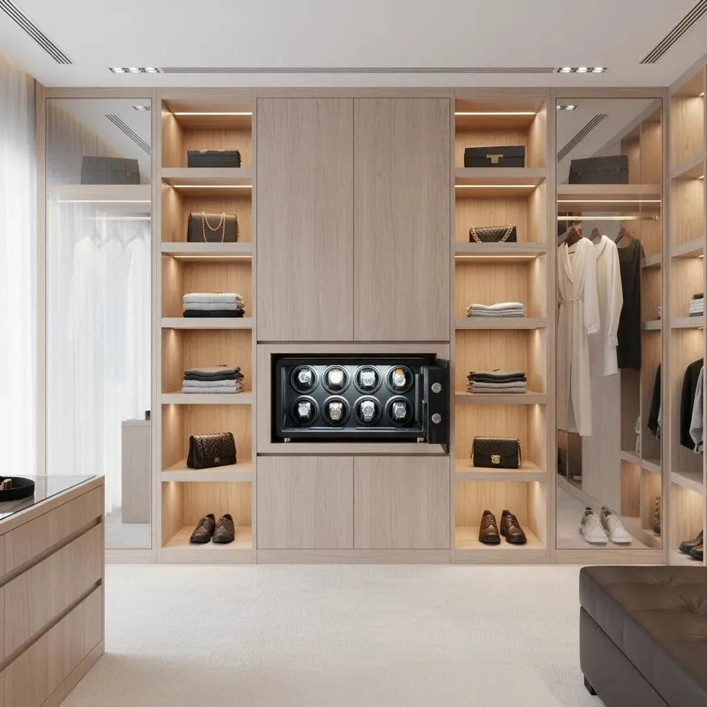 Tempus 8 black leather watch winder safe with eight rotors, integrated into a luxurious wooden closet.