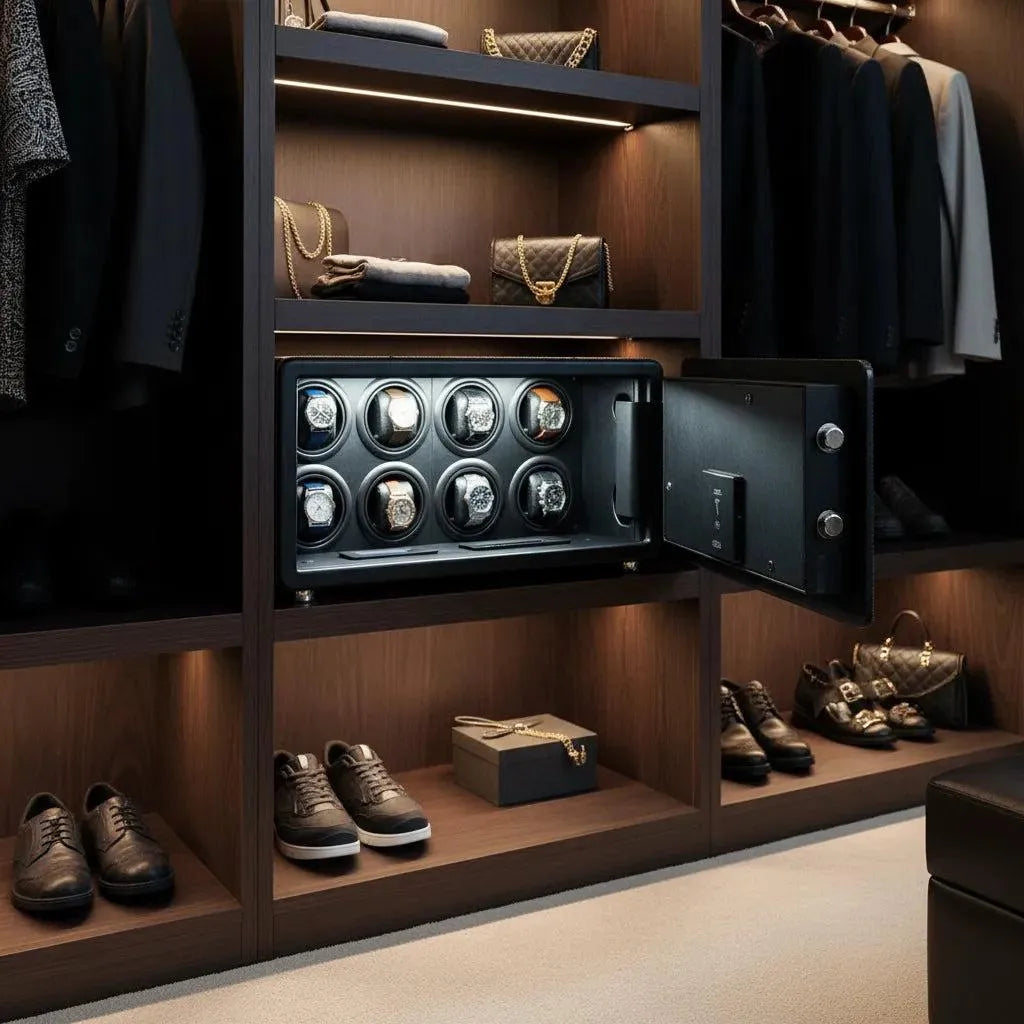 Tempus 8 black leather watch winder safe with 8 watches, open door, in a luxurious closet.