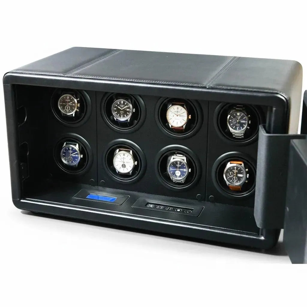 Tempus 8 black leather watch winder safe with eight watches, fingerprint entry, and touch screen controls.