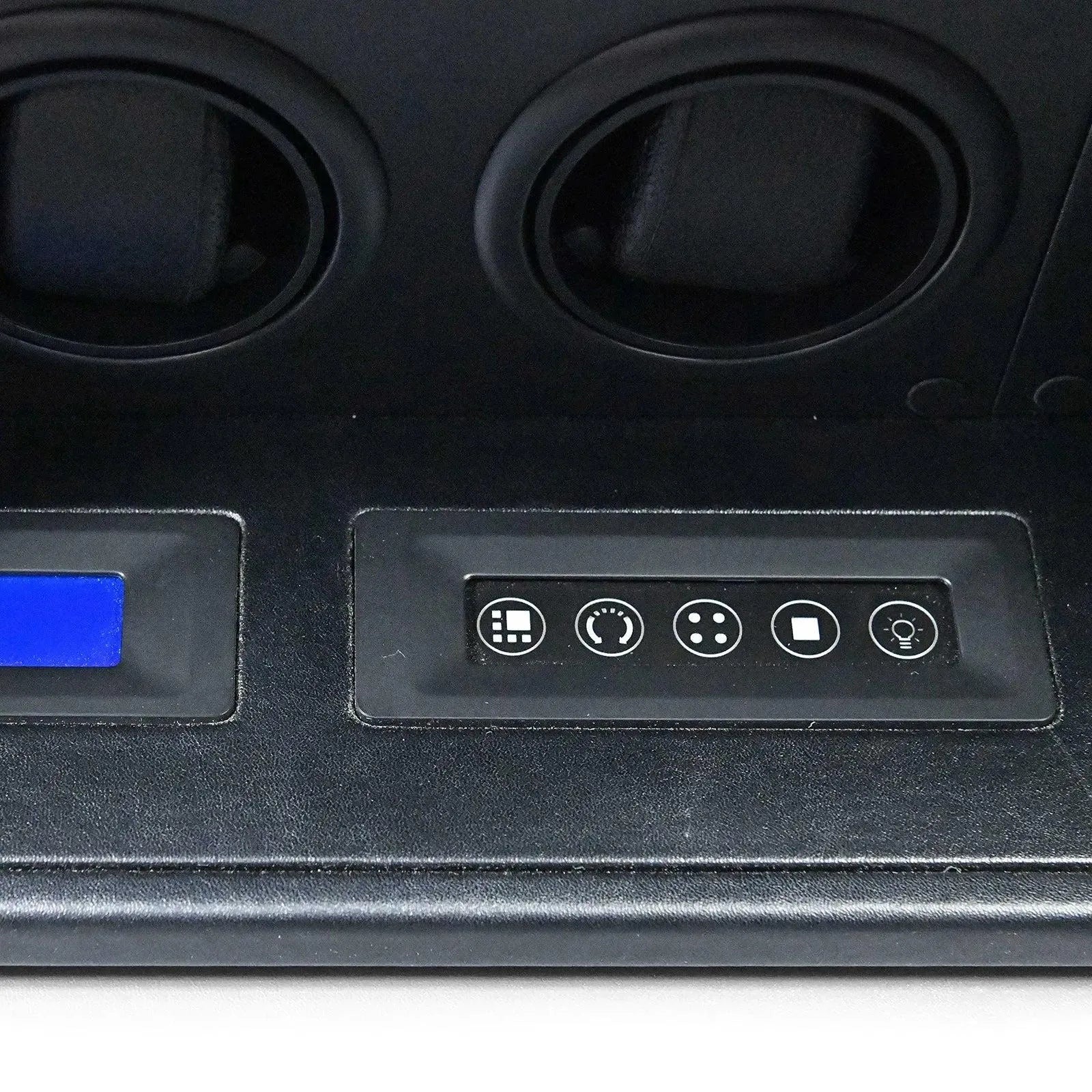 Close-up of Tempus 8 Watch Winder Safe in black leather with control panel and two winding rotors.