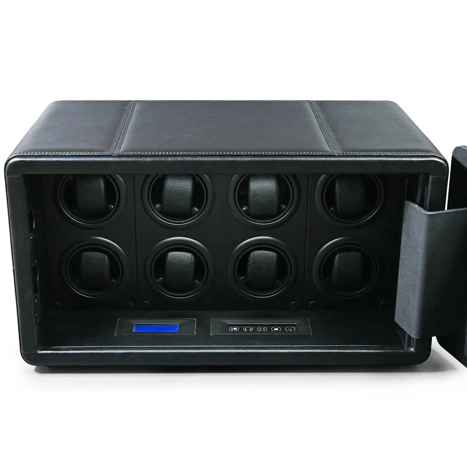 Tempus 8 black leather watch winder safe with eight rotors, digital display, and control panel.