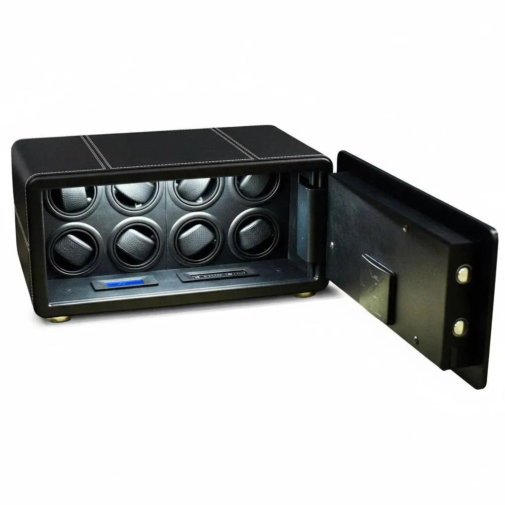 Tempus 8 black leather watch winder safe with 8 rotors, open door showing interior and security features.