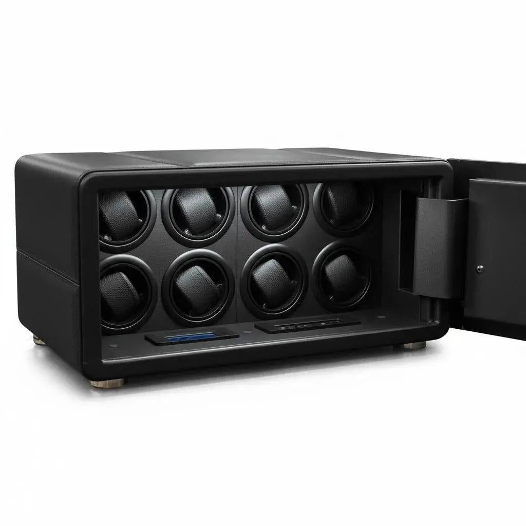 Tempus 8 black leather watch winder safe with 8 rotors, open door, and digital controls.