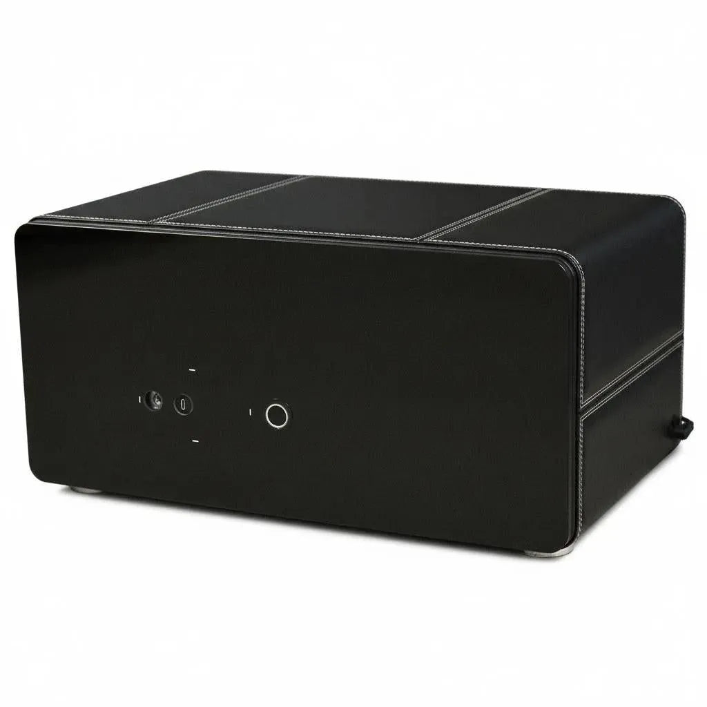 Tempus 8 watch winder safe in black leather with white stitching, featuring fingerprint and pin code entry.