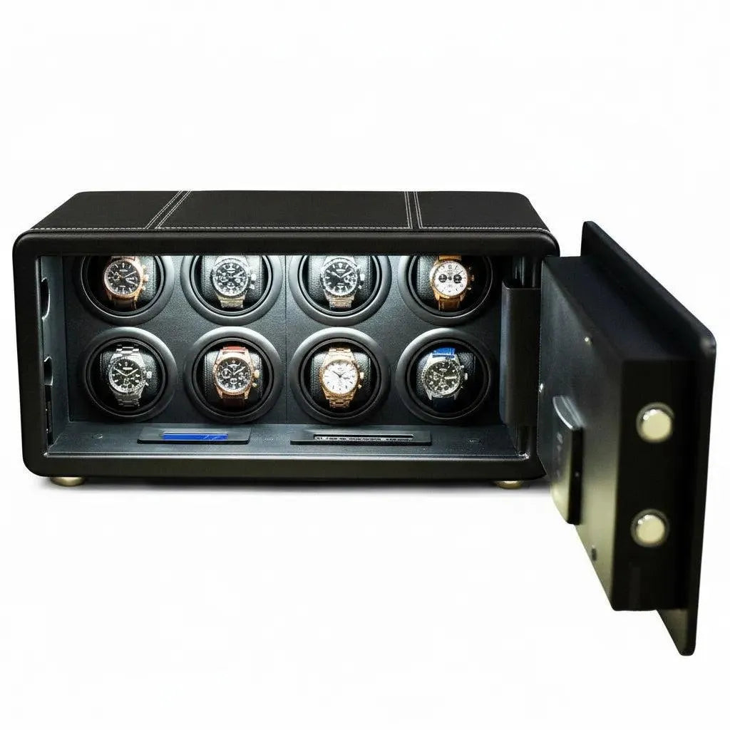 Tempus 8 black leather watch winder safe with 8 watches, open door, and fingerprint/pin entry.
