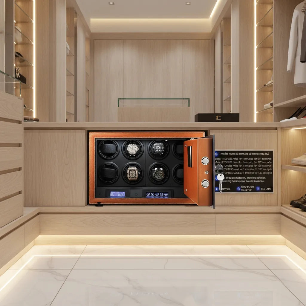 A modern walk-in closet with light wood paneling and built-ins features the Tempus Luxury Watch Winders Tempus 8 Watch Winder Safe in black leather finish with fingerprint entry, securely displaying luxury watches under bright lighting.