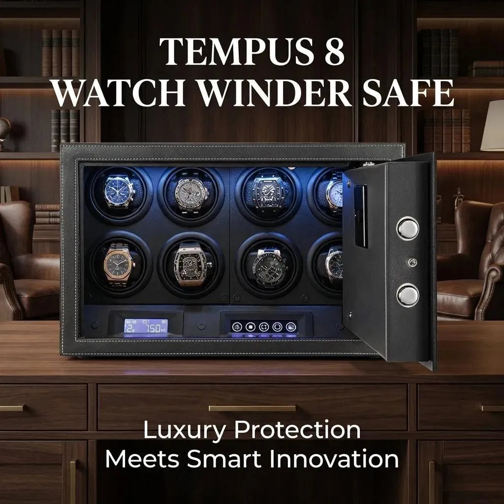Tempus 8 watch winder safe with multiple watches on a wooden surface, surrounded by bookshelves.