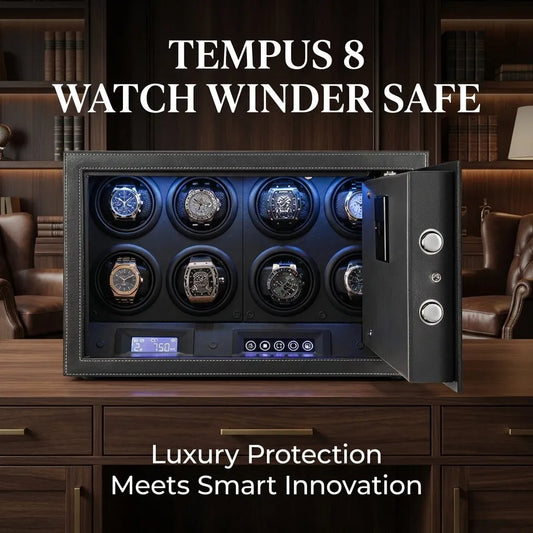 Tempus 8 watch winder safe with multiple watches on a wooden surface, surrounded by bookshelves.