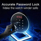 A hand enters numbers on the glowing keypad of the Tempus 8 Watch Winder Safe by Tempus Luxury Watch Winders, featuring a black leather finish and fingerprint entry for secure storage. Text above reads, Accurate Password Lock.