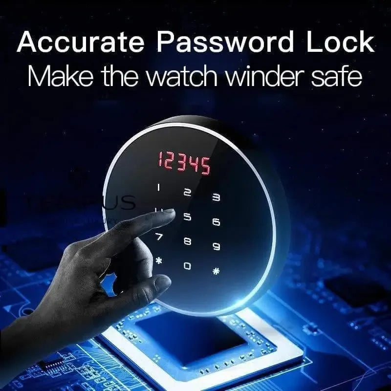 A hand enters numbers on the glowing keypad of the Tempus 8 Watch Winder Safe by Tempus Luxury Watch Winders, featuring a black leather finish and fingerprint entry for secure storage. Text above reads, Accurate Password Lock.