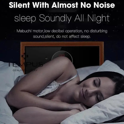 A woman with dark hair sleeps peacefully. Above, text reads: "Silent With Almost No Noise, Sleep Soundly All Night." The Tempus Luxury Watch Winders Tempus 8 Watch Winder Safe in black leather uses a quiet Mabuchi motor and fingerprint entry for undisturbed rest.