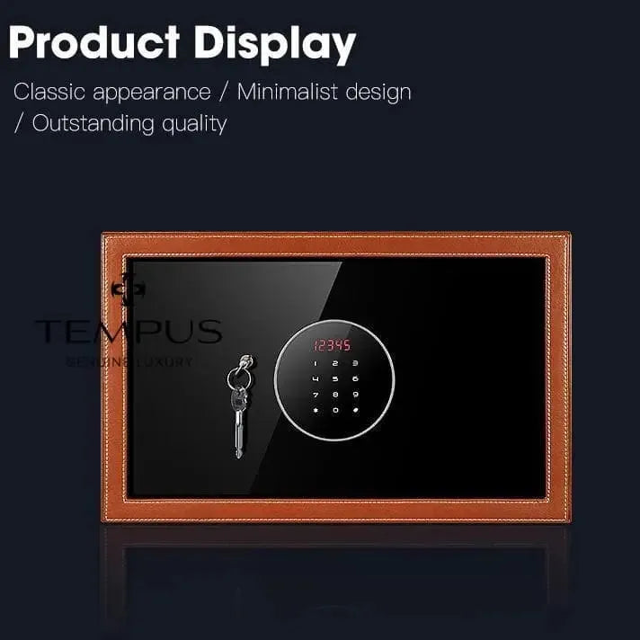 The Tempus Luxury Watch Winders Tempus 8 Watch Winder Safe features a black leather finish, fingerprint entry, sleek digital display, and minimalist design—combining classic style and outstanding quality for watch collectors.