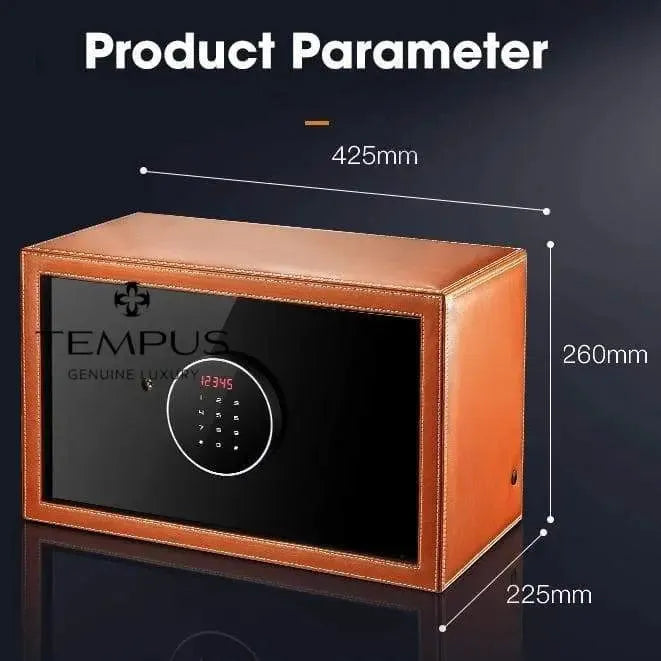 The Tempus 8 Watch Winder Safe by Tempus Luxury Watch Winders features a black leather finish, fingerprint entry, digital display, and measures 425mm x 260mm x 225mm. The Tempus brand is visible on the front panel.