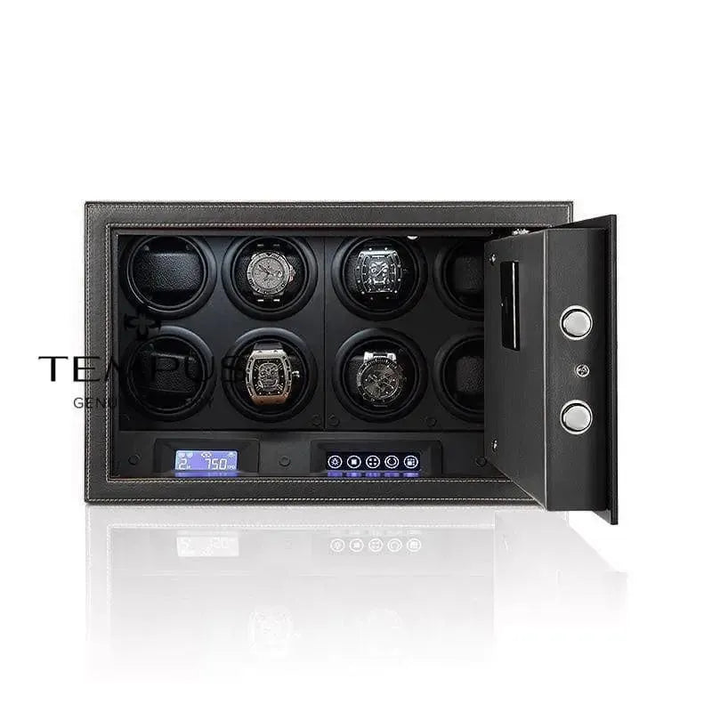The Tempus Luxury Watch Winders Tempus 8 Watch Winder Safe features a black leather finish and fingerprint entry, shown partially wall-embedded with its door open to reveal six watches in circular holders above a digital control panel.