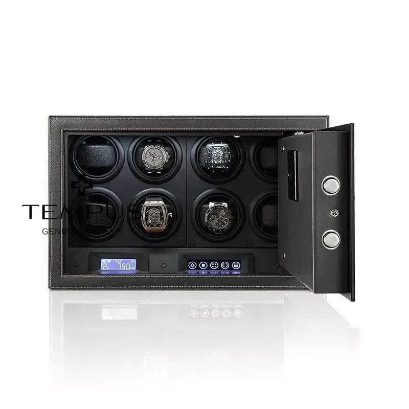 The Tempus Luxury Watch Winders Tempus 8 Watch Winder Safe features a black leather finish and fingerprint entry, shown partially wall-embedded with its door open to reveal six watches in circular holders above a digital control panel.