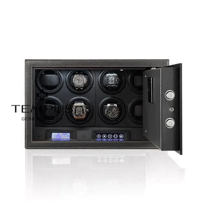 The Tempus Luxury Watch Winders Tempus 8 Watch Winder Safe features a black leather finish and fingerprint entry, shown partially wall-embedded with its door open to reveal six watches in circular holders above a digital control panel.
