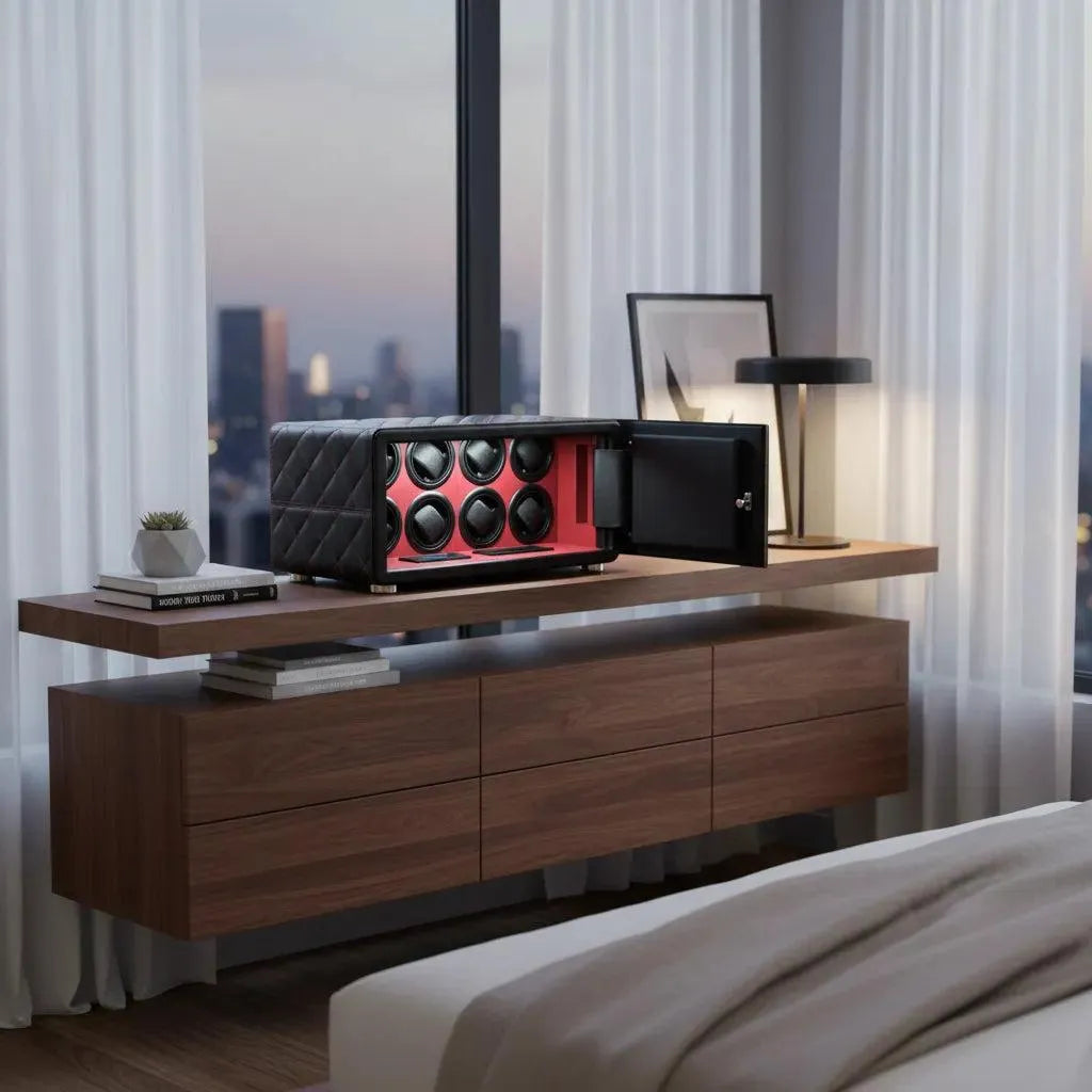 Tempus 8 black quilted leather watch winder safe with red interior, open on a modern shelf.