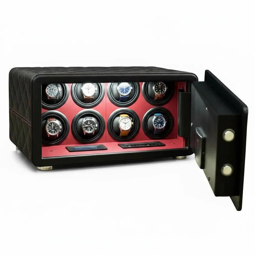 Tempus 8 watch winder safe, black leather with red stitching, open to show 8 watches on red interior.