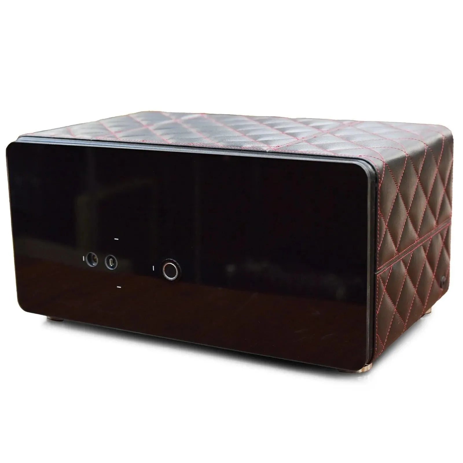 Black leather Tempus 8 watch winder safe with red diamond stitching and a sleek dark glass front.
