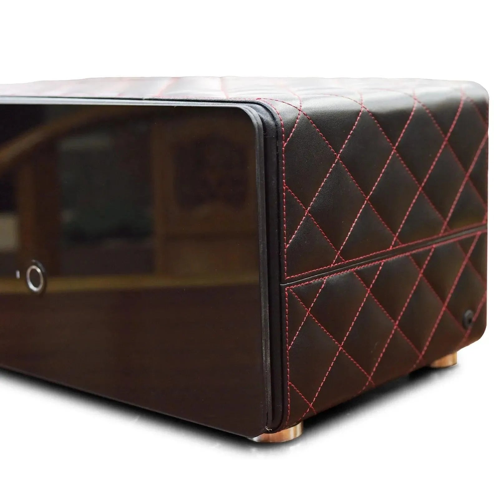 Tempus 8 watch winder safe with black quilted leather, red stitching, and sleek black glass front.