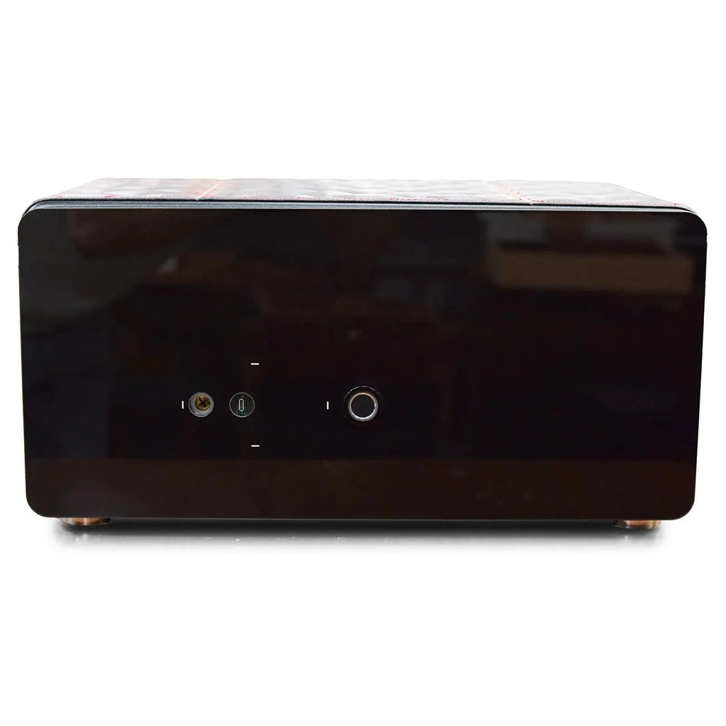 Tempus 8 watch winder safe, black leather with red stitching, fingerprint, pin, or key entry.