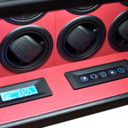 Tempus 8 watch winder safe with red leather interior, black rotors, and digital display.