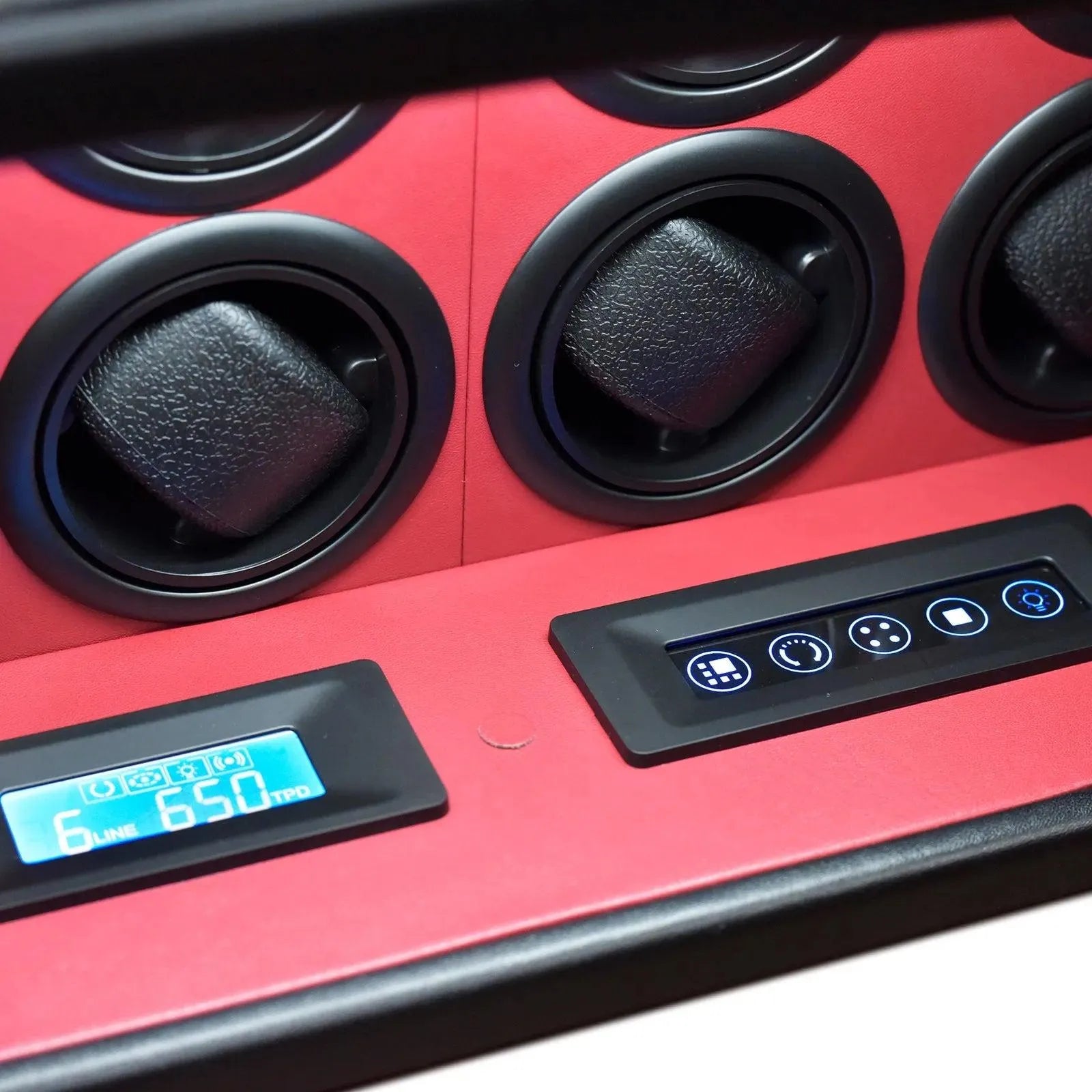 Tempus 8 watch winder safe with red leather interior, black rotors, and digital display.