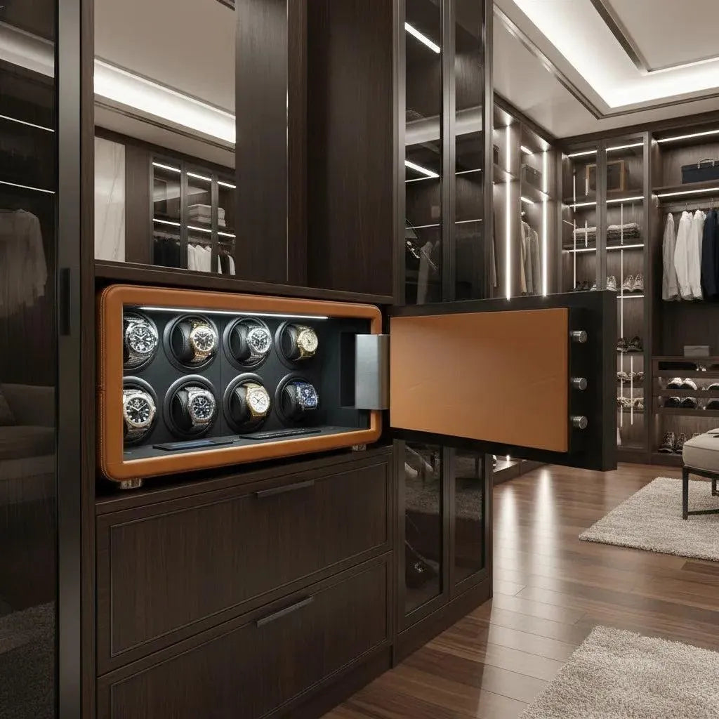 Tempus 8 brown leather watch winder safe with 8 automatic watches displayed in a luxurious closet.
