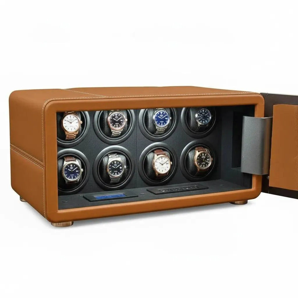 Brown leather Tempus 8 watch winder safe with 8 watches, open door, and control panel.