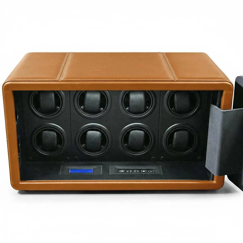 Tempus 8 watch winder safe in brown leather with eight black winding rotors and digital controls.