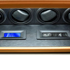 Tempus 8 watch winder safe in brown leather with black rotors, blue display, and control panel.