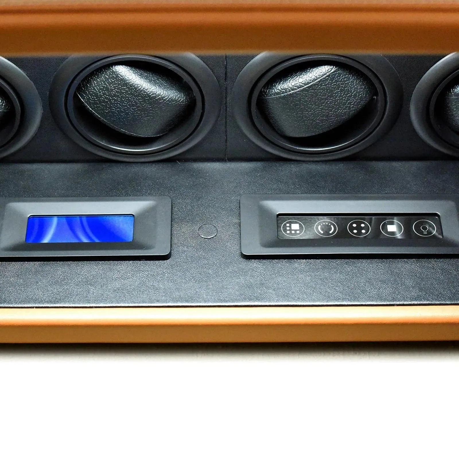 Tempus 8 watch winder safe in brown leather with black rotors, blue display, and control panel.
