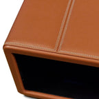 Close-up of Tempus 8 Watch Winder Safe in brown leather with white stitching.