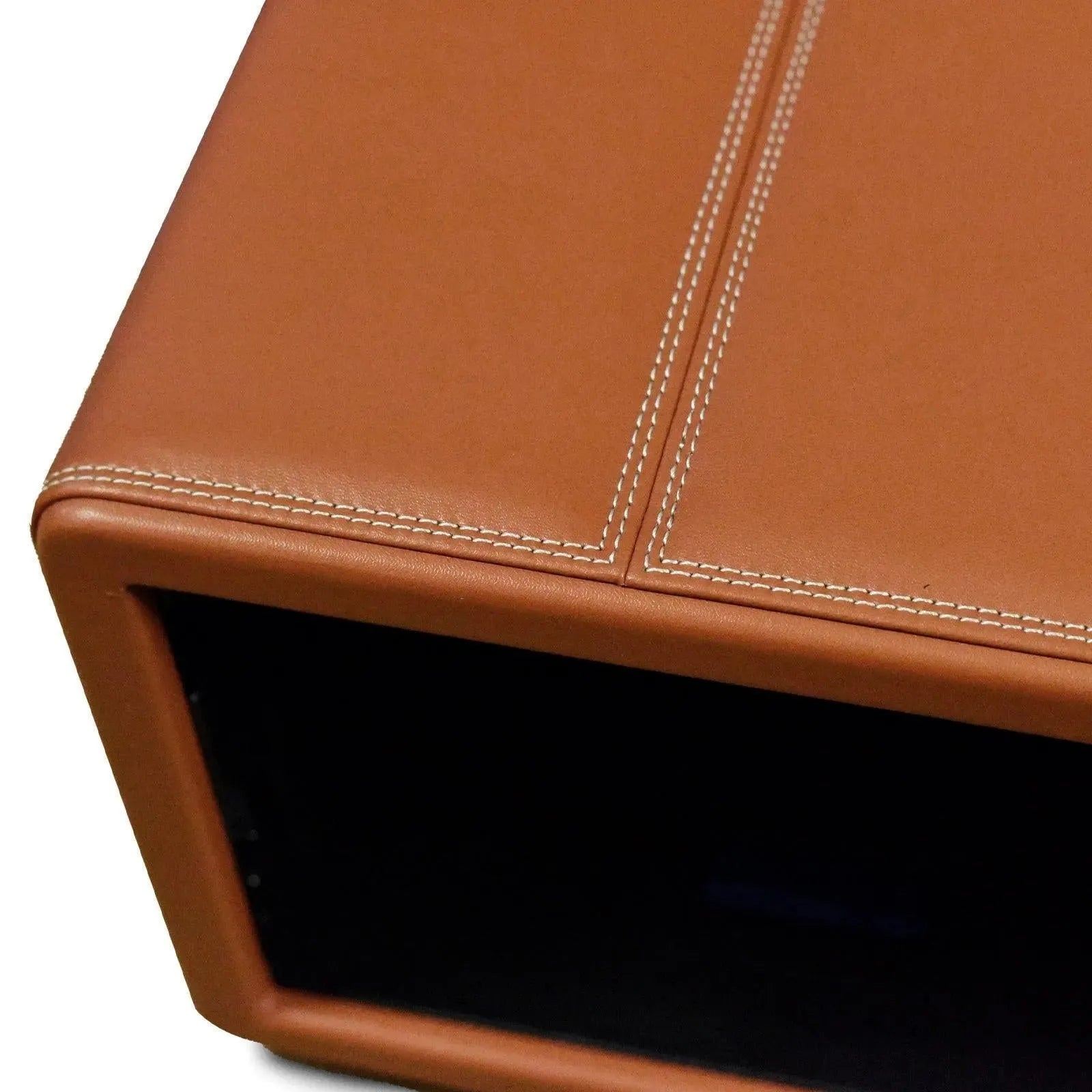 Close-up of Tempus 8 Watch Winder Safe in brown leather with white stitching.