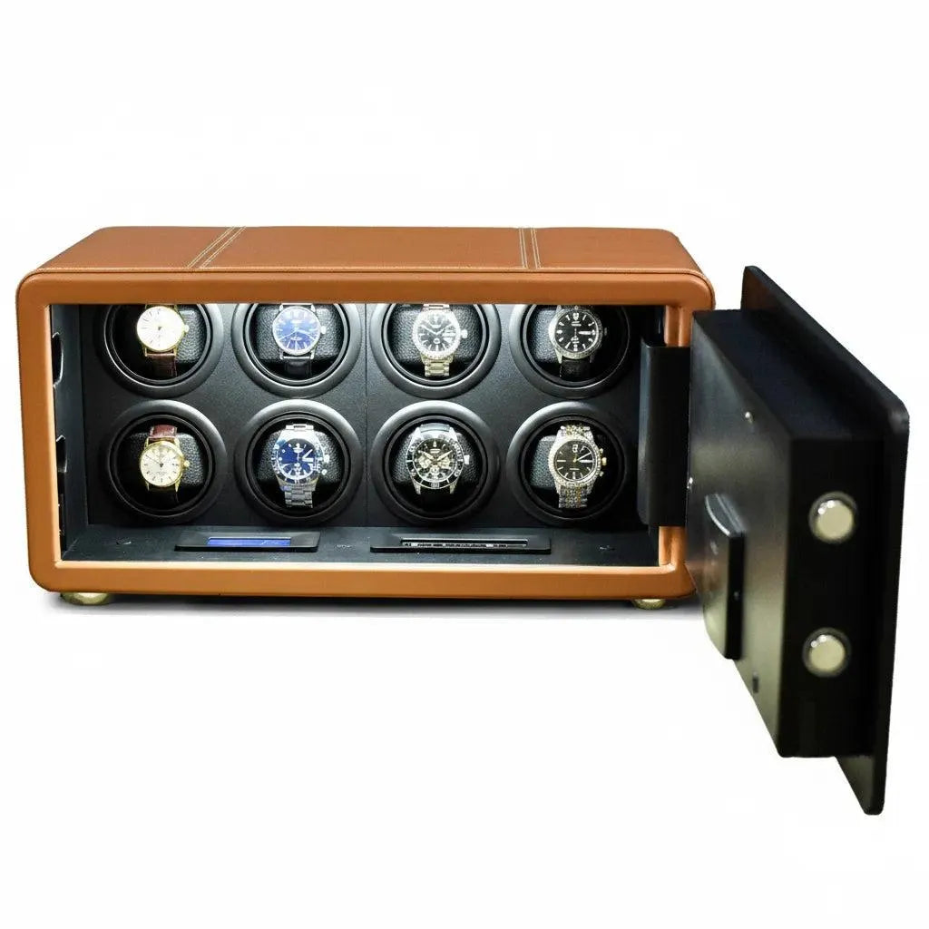 Tempus 8 brown leather watch winder safe with 8 watches, open door, and fingerprint entry.